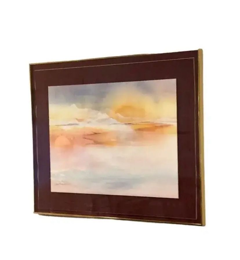 Mid 20th Century Vintage Pencil Signed and Numbered Watercolor Painting Print of Dreamy Pastel Mountain and Sky Scene, by Lambrecht, Framed