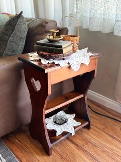 Vintage Solid Wood Side End Table with Heart Cut-out and Two Shelves