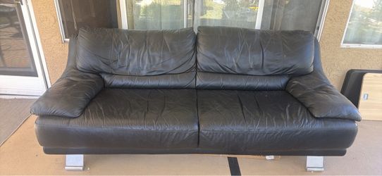 Black Leather Two-Seat Sofa with Chrome Legs