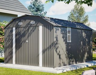 10x12 FT Outdoor Storage Shed, Heavy Duty Galvanized Steel Tool Shed with Floor Frame Kit, Grey (Grey)