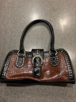 Croc-Embossed Brown and Black Studded Shoulder Bag