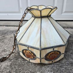 Vintage Tiffany Style Hanging 18" Ceiling Lamp Light Crowned Shade Stained Glass Inlay Plant Arrangement Leaves Yellow Amber Nonagon Pendant