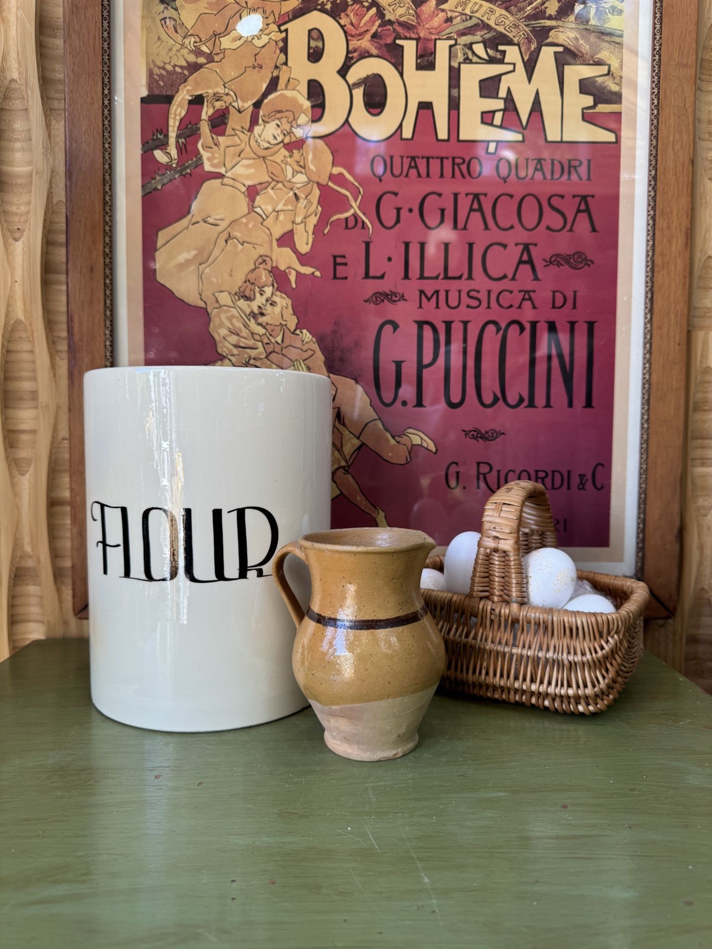 Vintage Flour Canister No Lid Crack Craze Holiday Designs USA Utensil Holder Crock Cottage Farmhouse