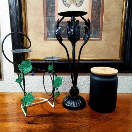 3pc Home Decor Accents! Black Metal Art Deco Candle Holder With Leaf Inspired Design, Metal Leaf Bottle Holder With 2 Candle Holders On Top, & Painte