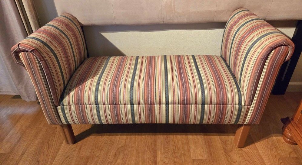 Settee / Upholstered Striped Bench with Wooden Legs
