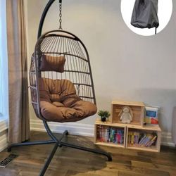  Modern Wicker Indoor & Outdoor Patio Swing Hanging Egg Chair with Khaki Cushion, Garden Rattan Hammock Chair with Stand