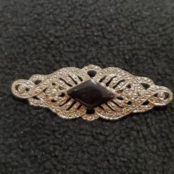 Vintage Art Deco Style Black Onyx Marcasite Silver Tone Brooch