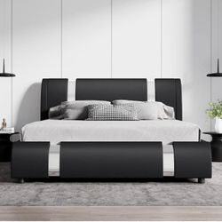 Modern Faux Leather Queen Bed Frame with Adjustable Headboard , Black B-5