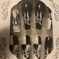 10 Pack Black and White Flamed Retro Long Coffin Shaped Press On Nails