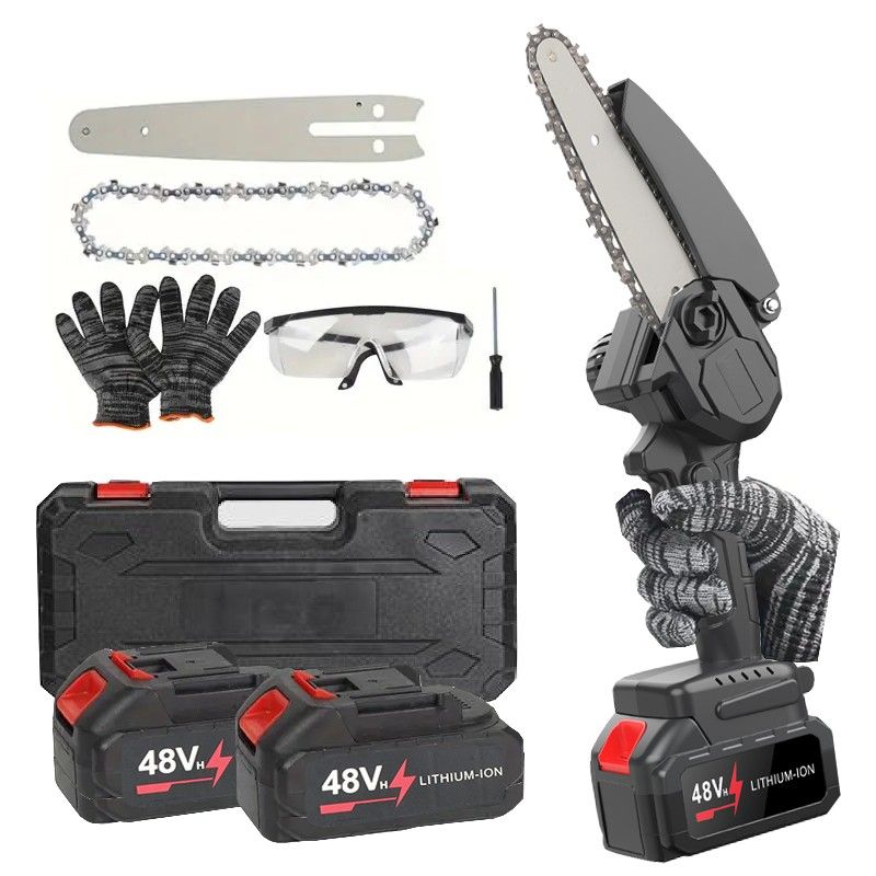 6-inch handheld chainsaw with high-quality splash protection and safety lock, 2 batteries and tool