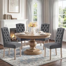 4pc Tufted Upholstered Parsons Dining Chair Set Fabric Diner Accent Stylish Modern Kitchen Living Room with Button Sturdy Solid Wood Legs