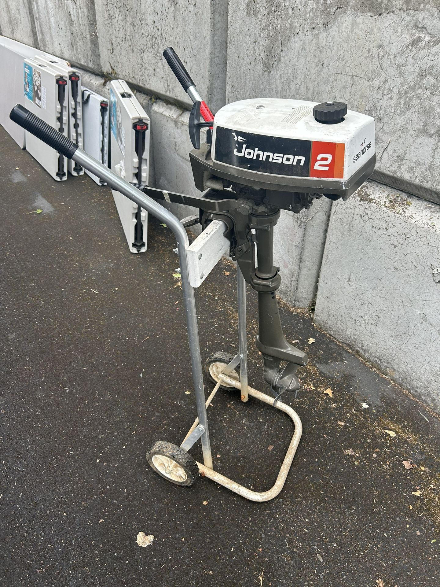Two horse Johnson seahorse motor for parts, but probably could be running fairly easily. Comes with motor stand. $100, cash or Venmo, meet in person
