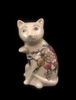 Vintage Ceramic Cat Figurine with Fruits and Floral Artwork