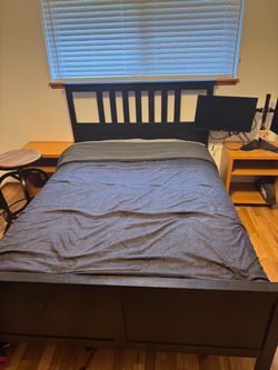Full Size Black Wood Bed Frame and Mattress