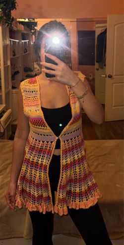 Free People Multicolor Crocheted Open-Front Tunic Vest