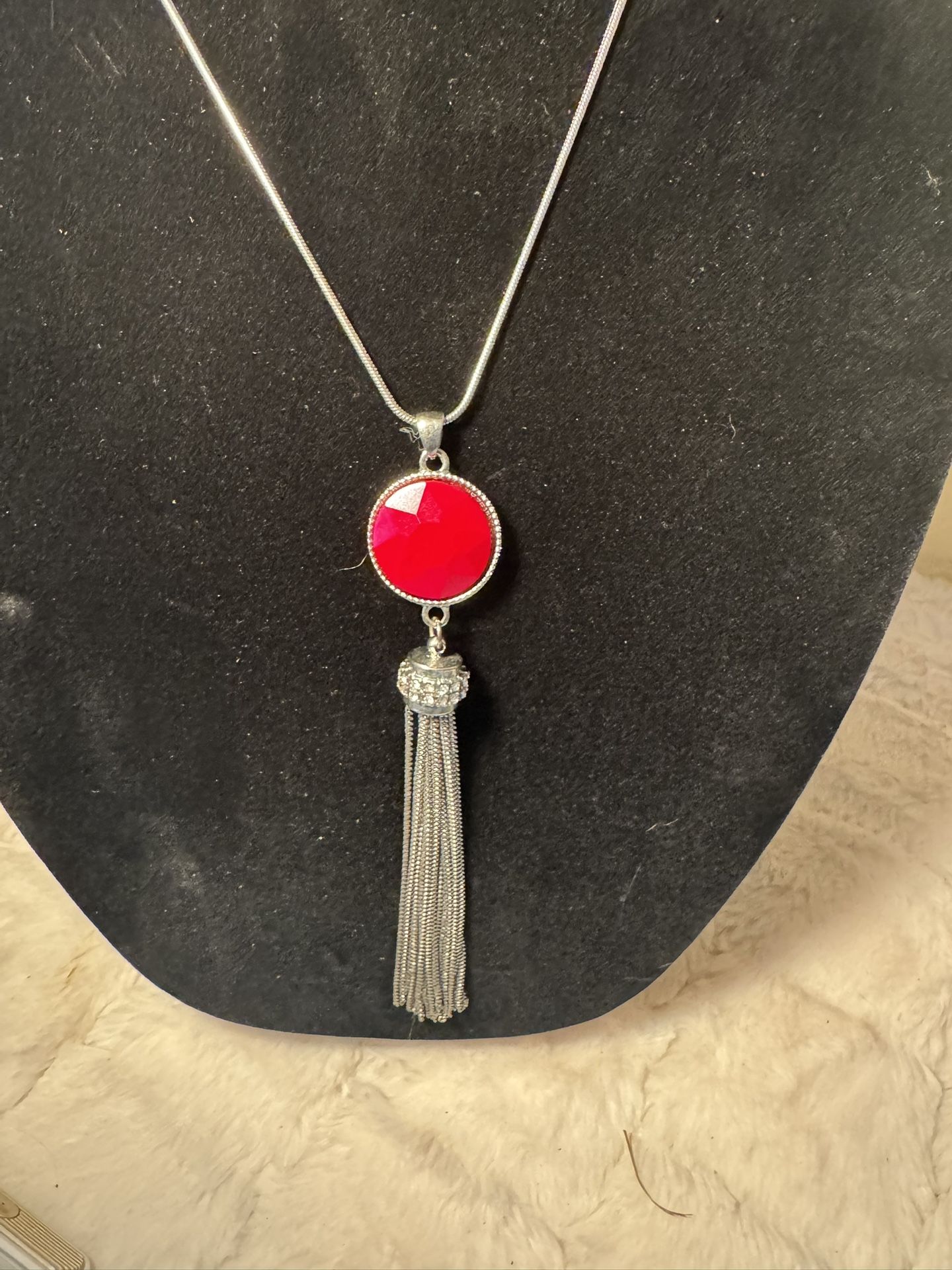 Silver Necklace With Silver And Red Pendant