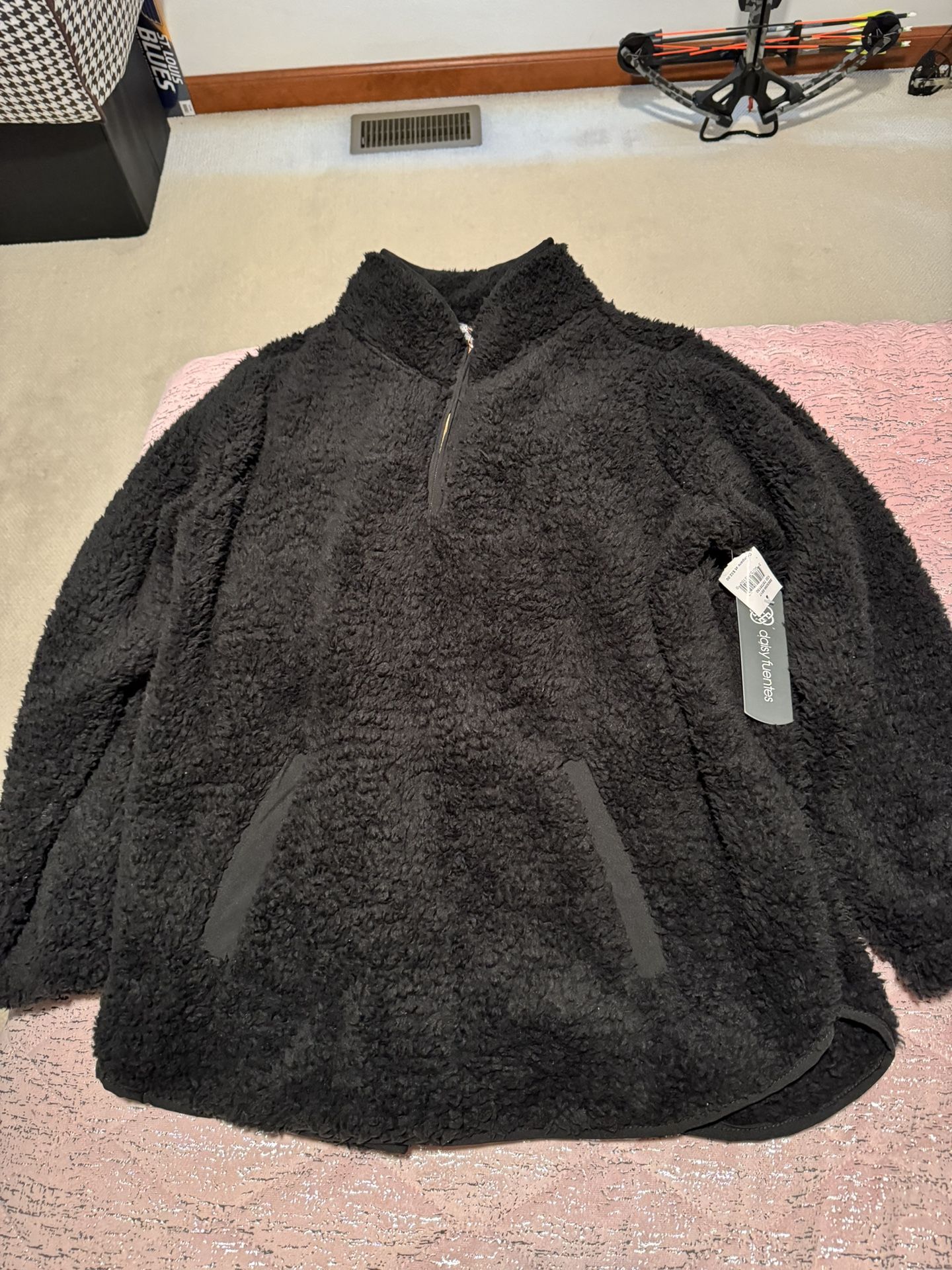 Womens 2xl Daisy Fuentes Sherpa Black Fleece 1/4 Zip Pullover Jacket Sweater