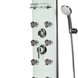 PULSE ShowerSpas 1030 Lahaina ShowerSpa Panel with 9.5" Rain Showerhead, 8 Dual-Function Body Spray Jets, 5-Function Hand Shower, Tub Spout and Glass 