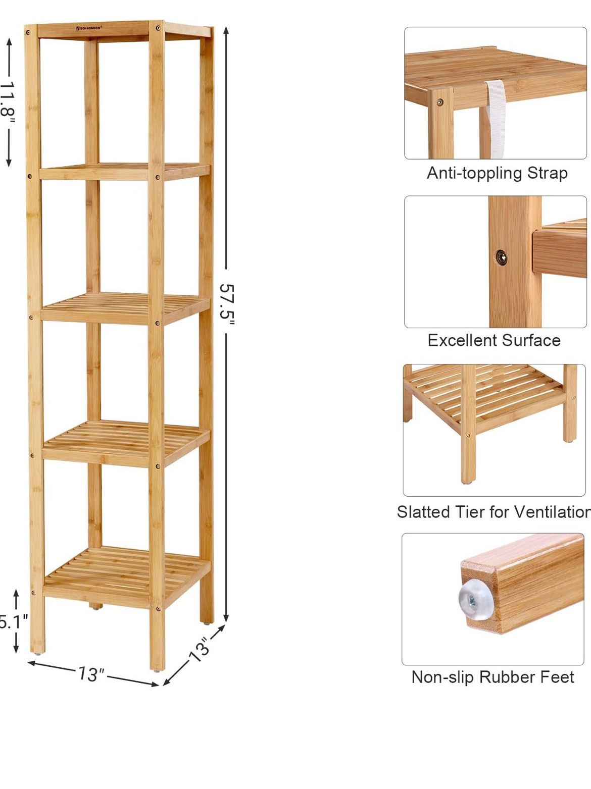 SONGMICS 5-Tier Bamboo Bathroom Shelf, Narrow Shelving Unit, Multifunctional Storage Rack, Corner Rack, for Kitchen, Living Room, Bedroom, Entryway, B