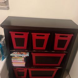 Dark Cherry Storage Shelf / Cabinet with 6 red bins / buckets / storage containers