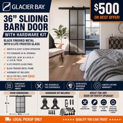 Glacier Bay 36 inch Sliding Barn Door Black Metal Frosted Glass