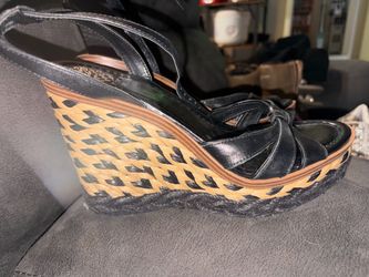 Black Leather Wedge Sandals with Woven Platform