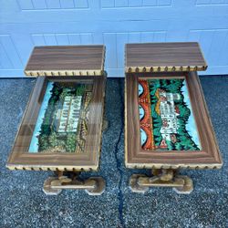Vintage German 3D Wood Carved Step-Up End Tables – Pair