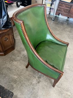 Green Leather Barrel Chair with Nailhead Trim