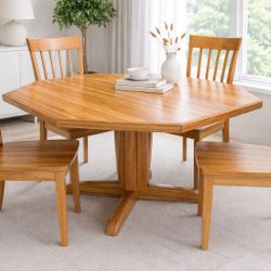 Solid Oak Octagon Dining Table Set – Modern Farmhouse Pedestal Table with 4 Chairs 