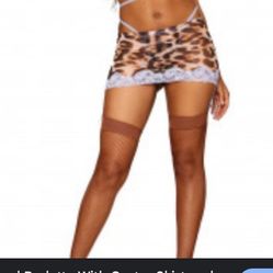 Leopard Mesh Lace Bralette Garter Skirt Set Leopard