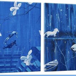 New 16X16” Night Ocean &Moonlight Wall Art Decor Set of 2 Framed Canvas Cool Blue White Surrealist 