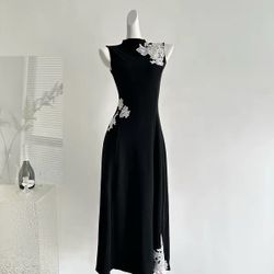 Black Maxi Dress with White Lace Appliqué