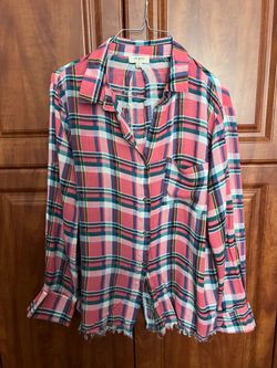 Umgee USA M Womens Shirt Plaid Fringed Hem Pocket Pink Blue Plaid Back Slit