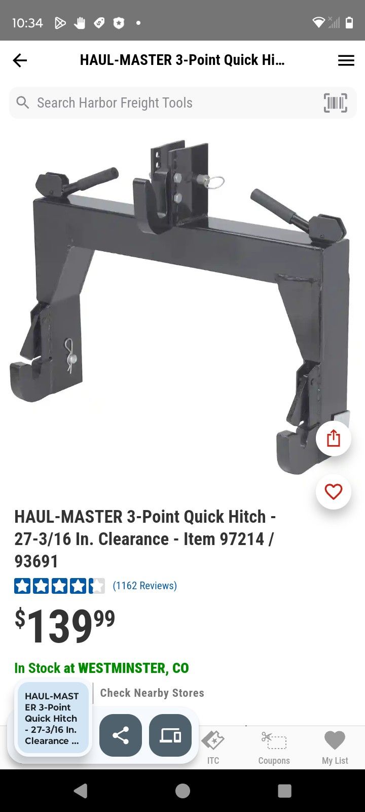 HAUL-MASTER 3-Point Quick Hitch - 27-3/16 In. Clearance - Item 97214 / 93691