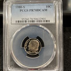 1980 S Gem Proof Perfect Graded Roosevelt Dime Graded at PR70 T-13