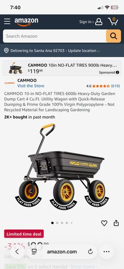CAMMOO 10-in NO-FLAT TIRES 600lb Heavy-Duty Garden Dump Cart 4 Cu.Ft. Utility Wagon with Quick-Release Dumping & Prime Grade 100% Virgin Polypropylene