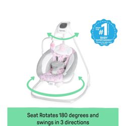 Ingenuity SimpleComfort Lightweight Compact 6-Speed Multi-Direction Baby Swing, Vibrations & Nature Sounds, 0-9 Months 6-20 lbs (Pink Cassidy)