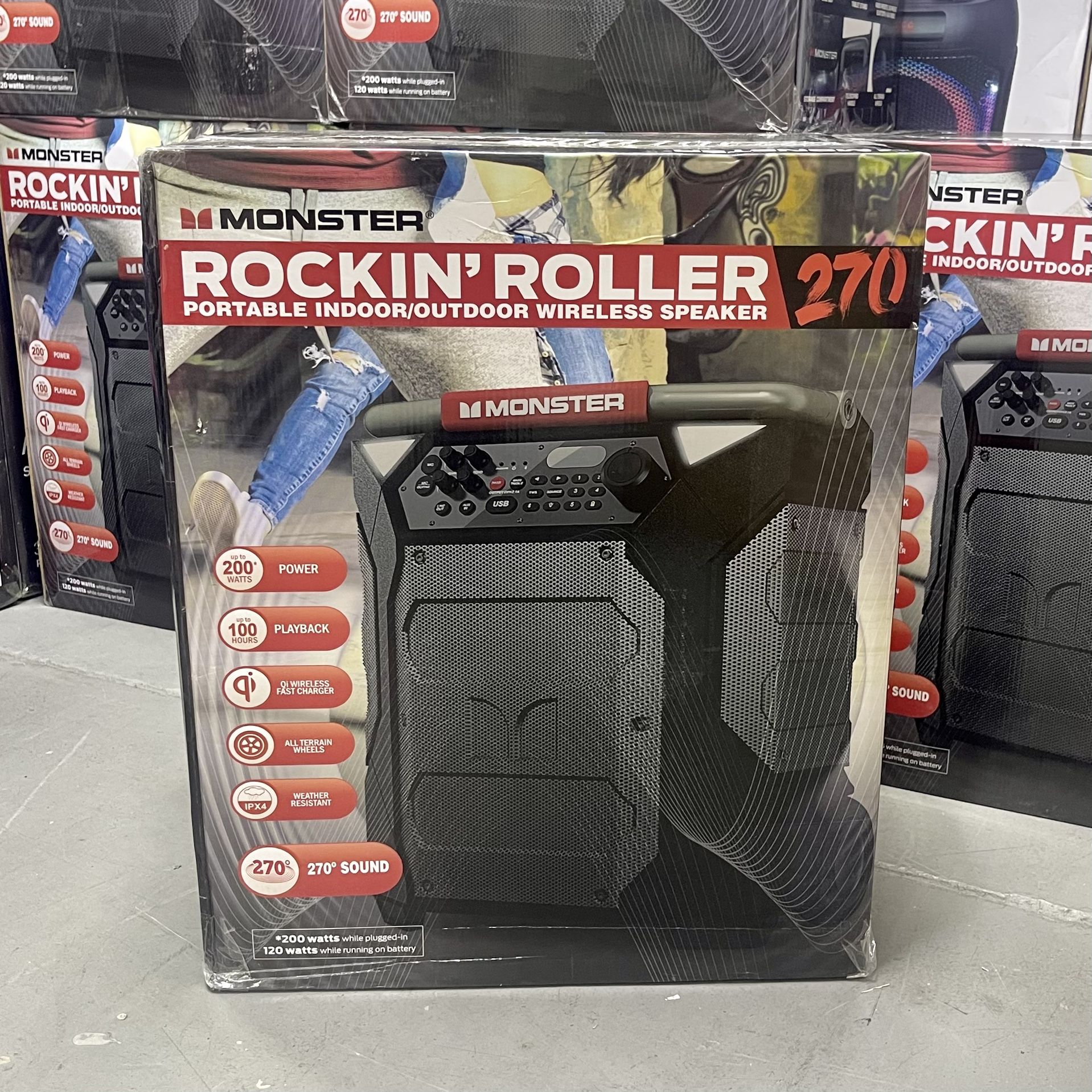 Monster Rockin' Roller 270 Portable Indoor/Outdoor Wireless Speaker, 200 Watts, Up to 100 Hours Playtime, Water Resistant, Qi. 