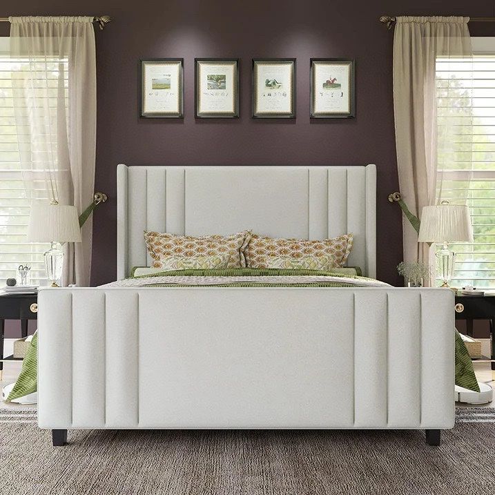 Queen Size Bed Frame, Velvet Upholstered Platform Bed with Vertical Channel Tufted Headboard & Footboard/Wingback, Mattress Foundation with Wood Slats
