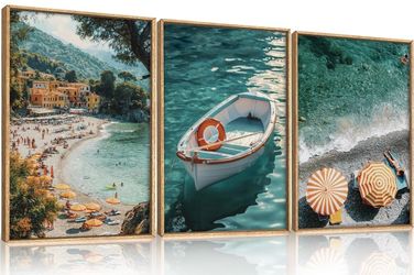 24"x36"x3 Italy Spring Coastal Seascape Framed Canvas Wall Art Set,Mediterranean
