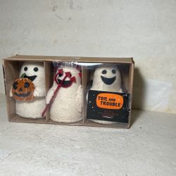 Halloween Set Of Three (3) Wool Felt Ghosts Dressed In Costumes Toil & Trouble New