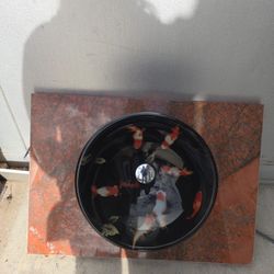 $75 OBO 16" Koi Fish Basin Sink Mounted On Polished Conrete With Faucet And Drain