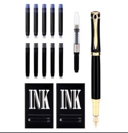 Comix Fountain Pen Fine Nib with 10 Ink Cartridges & Ink Refill Converter Black