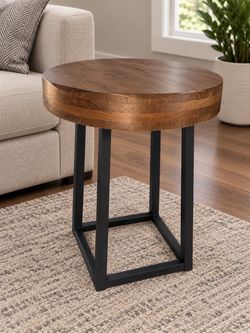 Round Wooden Side Table – Solid Wood & Metal Base
