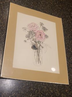 Art print in sealed plastic Pink flowers in a vase black and white sketch 16x20 matted