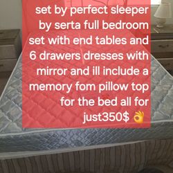 Full Bed Room Set Queen Size Matres With Boxand Frame It's Serta Perfect Sleeper 6 drawers Dreser 2 End Table With 2 drawers  Each 
