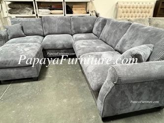 NEW Dark Grey Fabric Sectional Sofa and Ottoman Set L Shape Corner Big Discount SALE Ashley Style Clearance Closeout Deal Many Color Designer's Choice