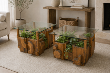 Pair of Sculptural Wood & Glass End Tables