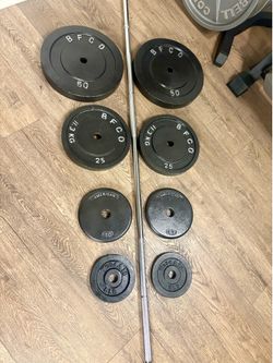 BRAND NEW:  7 ft Standard Bar With VINTAGE Cast Iron Weight Plates: 50s,25s, 10s,  And 5s. (Total: 205 lbs)