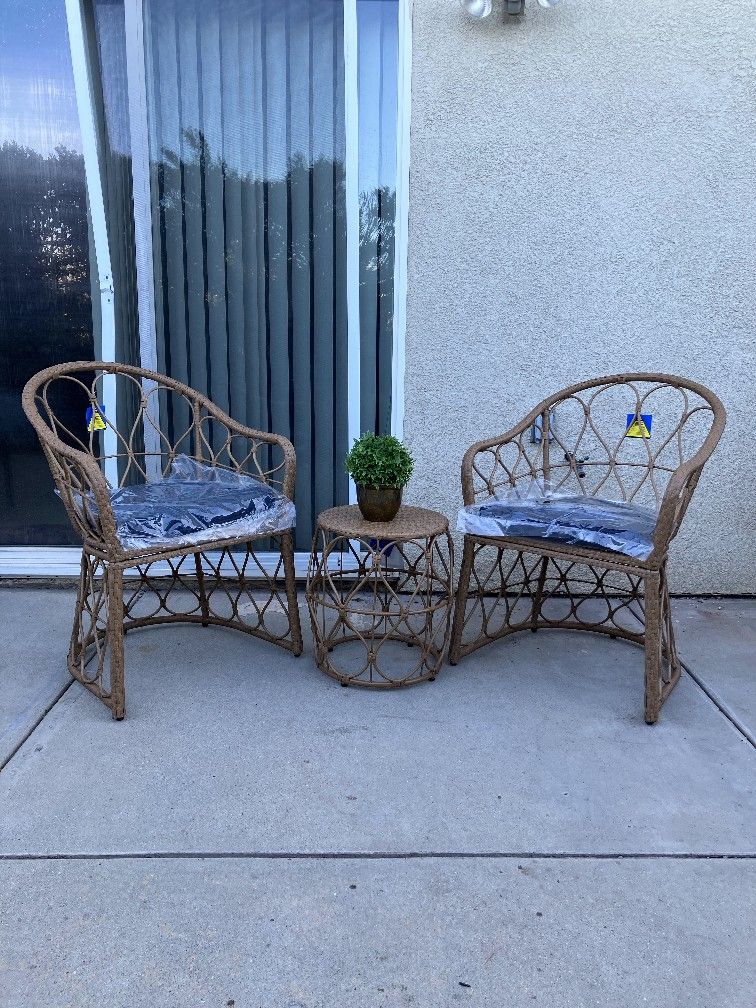 3 Pieces Wicker Woven Chat Set Of 3 Color: Tan/Navy